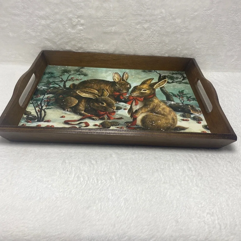 VTG Rabbits In The Snow Wooden Serving Tray Decorative‎ Farmhouse Christmas